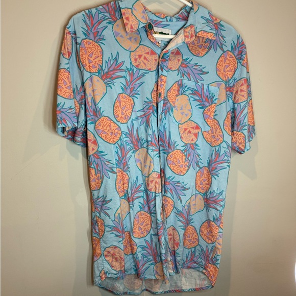 Tipsy Elves Hawaiian Pineapple Print Button Down Blue Orange Medium - Picture 2 of 5
